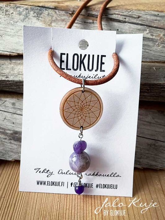 JaloKuje plywood necklace, amethyst dreamcatcher