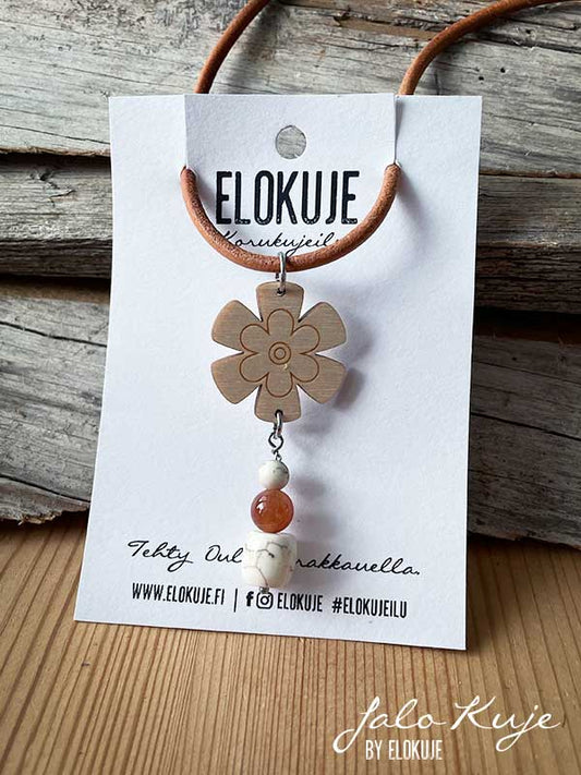 JaloKuje plywood necklace, jade-howlite flower