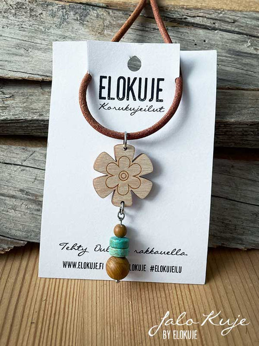 JaloKuje plywood necklace, wood jasper-howlite flower